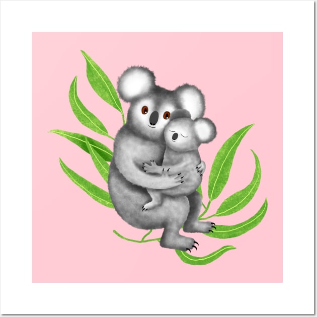 Cute Mommy Koala with Her Baby Wall Art by illucalliart